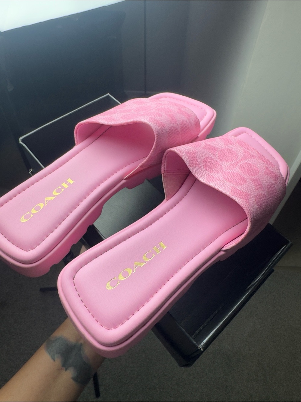 Coach Pink Signature Slide Sandals with Gold Logo